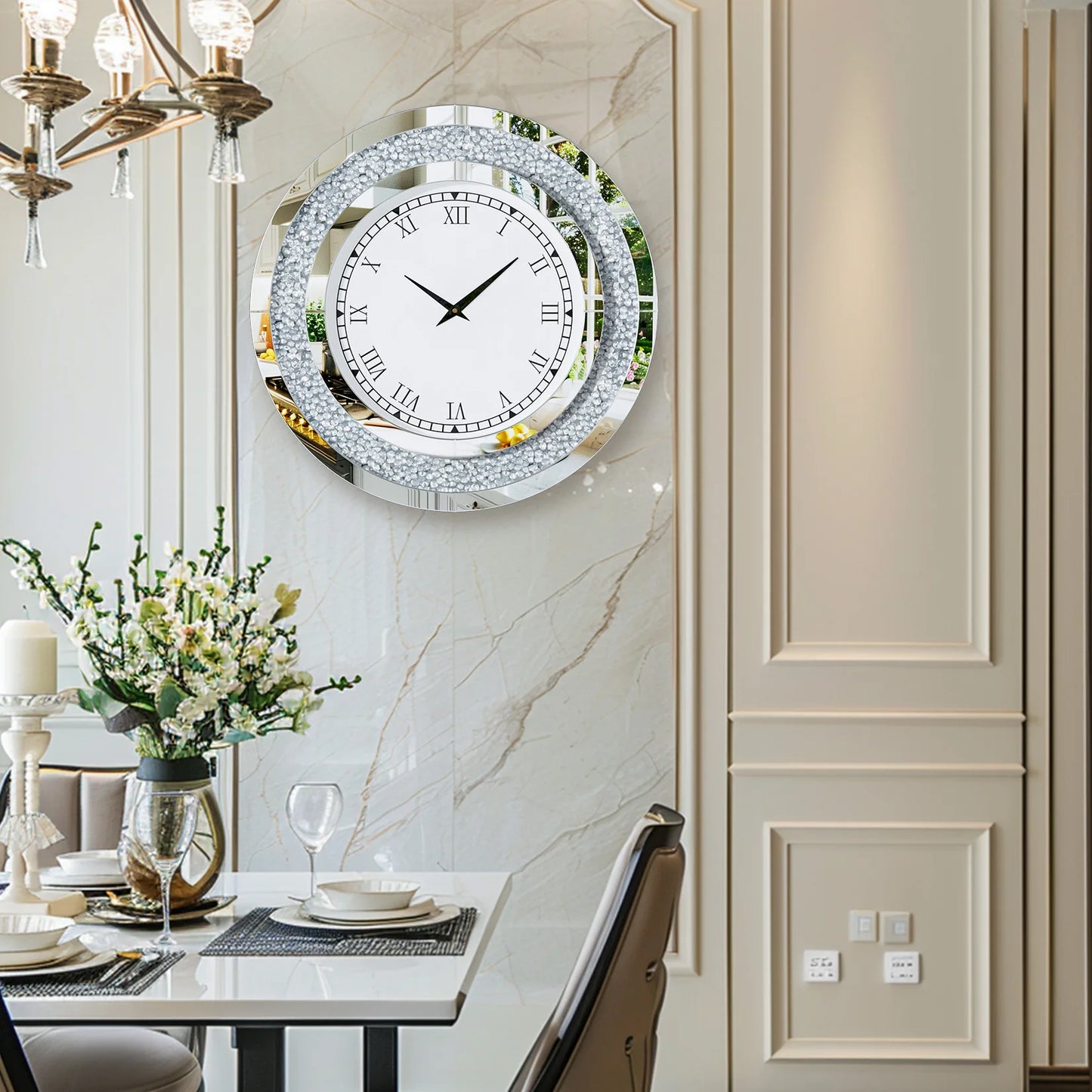 Round Crystal Mirrored Wall Clock Living Room Decor