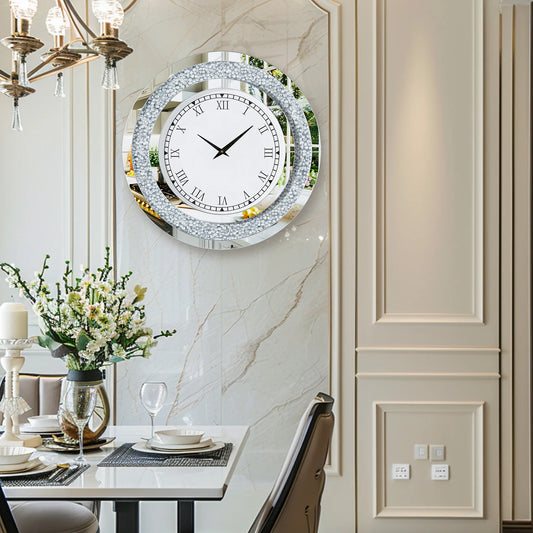 Round Crystal Mirrored Wall Clock Living Room Decor