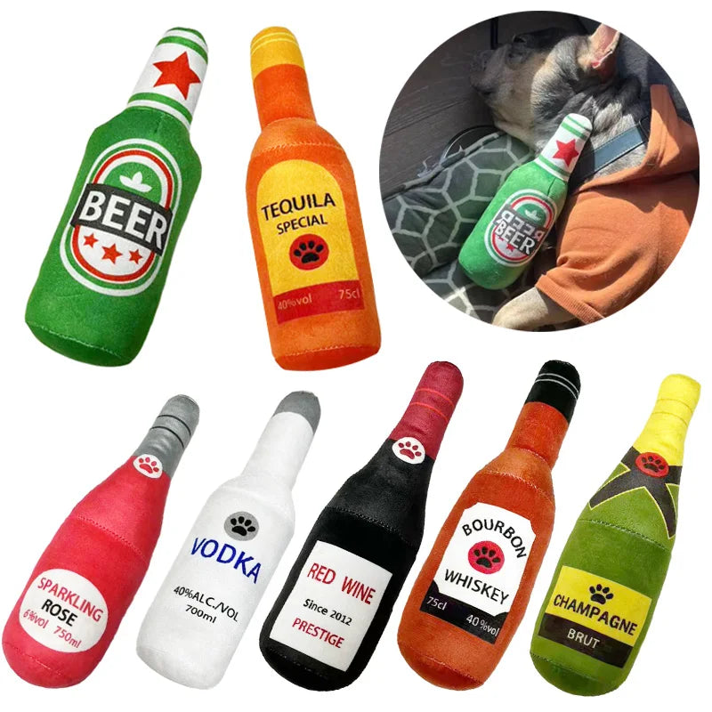 Beer Bottle Shaped Plush Dog Chew Toy With Squeaker
