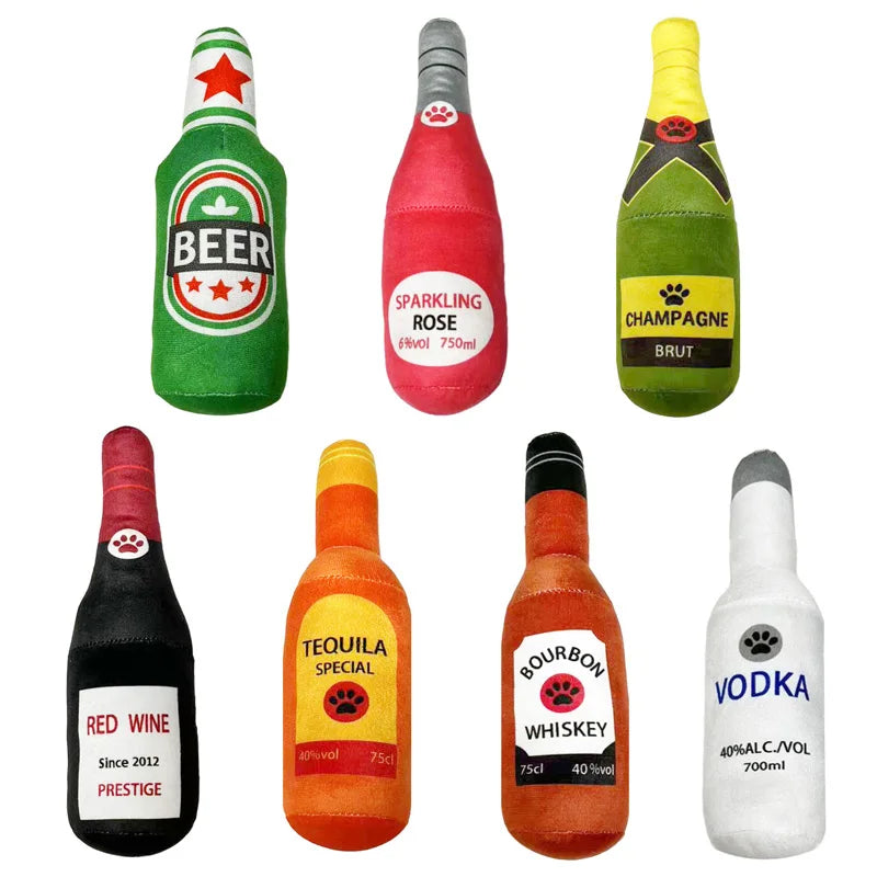 Beer Bottle Shaped Plush Dog Chew Toy With Squeaker