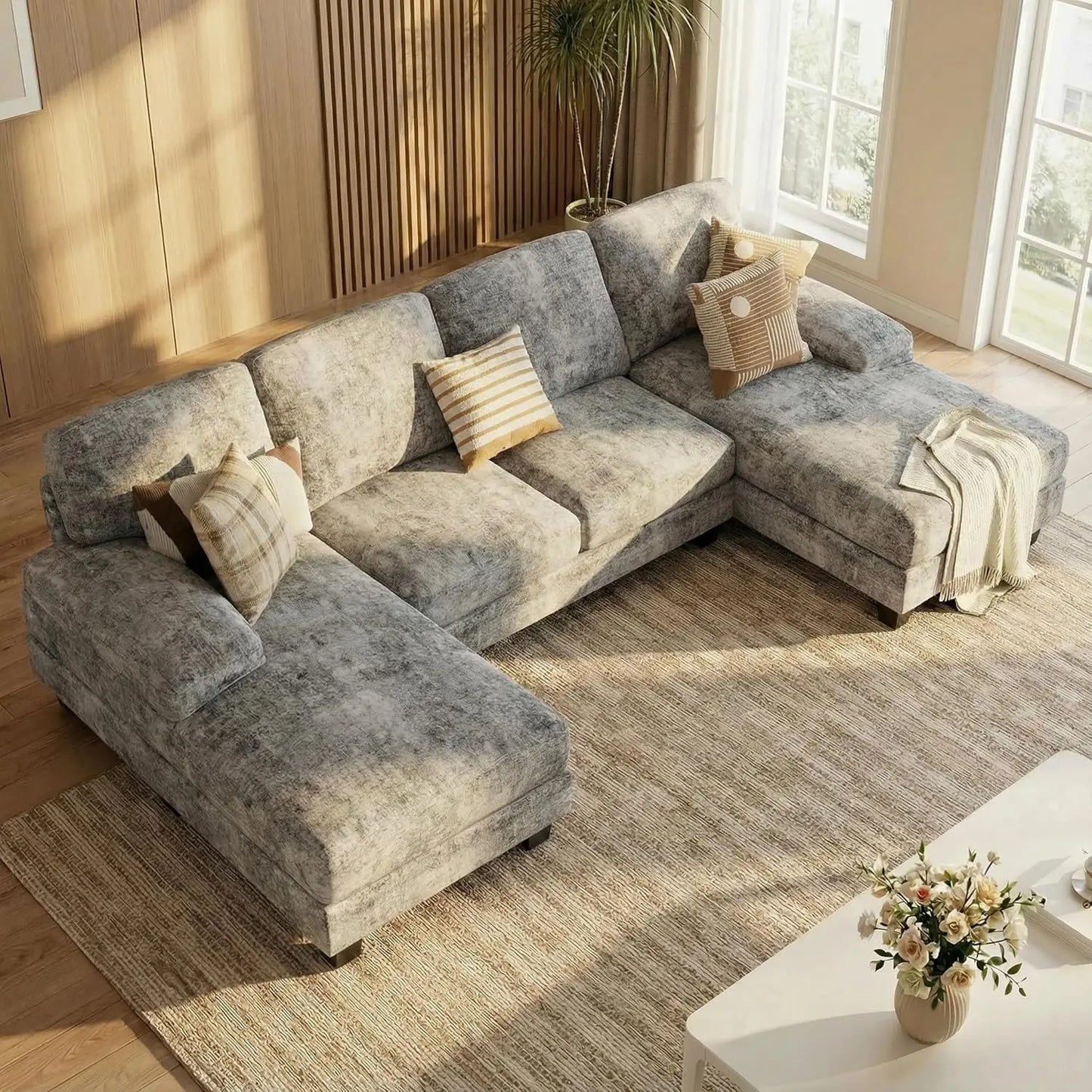 U Shaped Sectional Sofa Chenille Four Seat Cushions