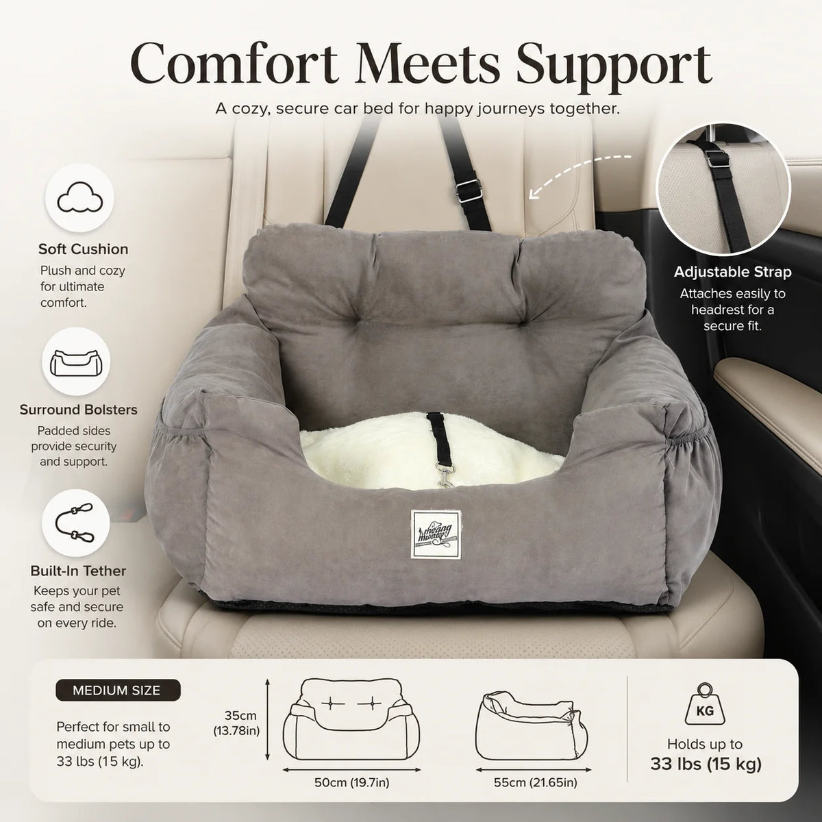 Adjustable Pet Car Seat Bed With Tether And Strap