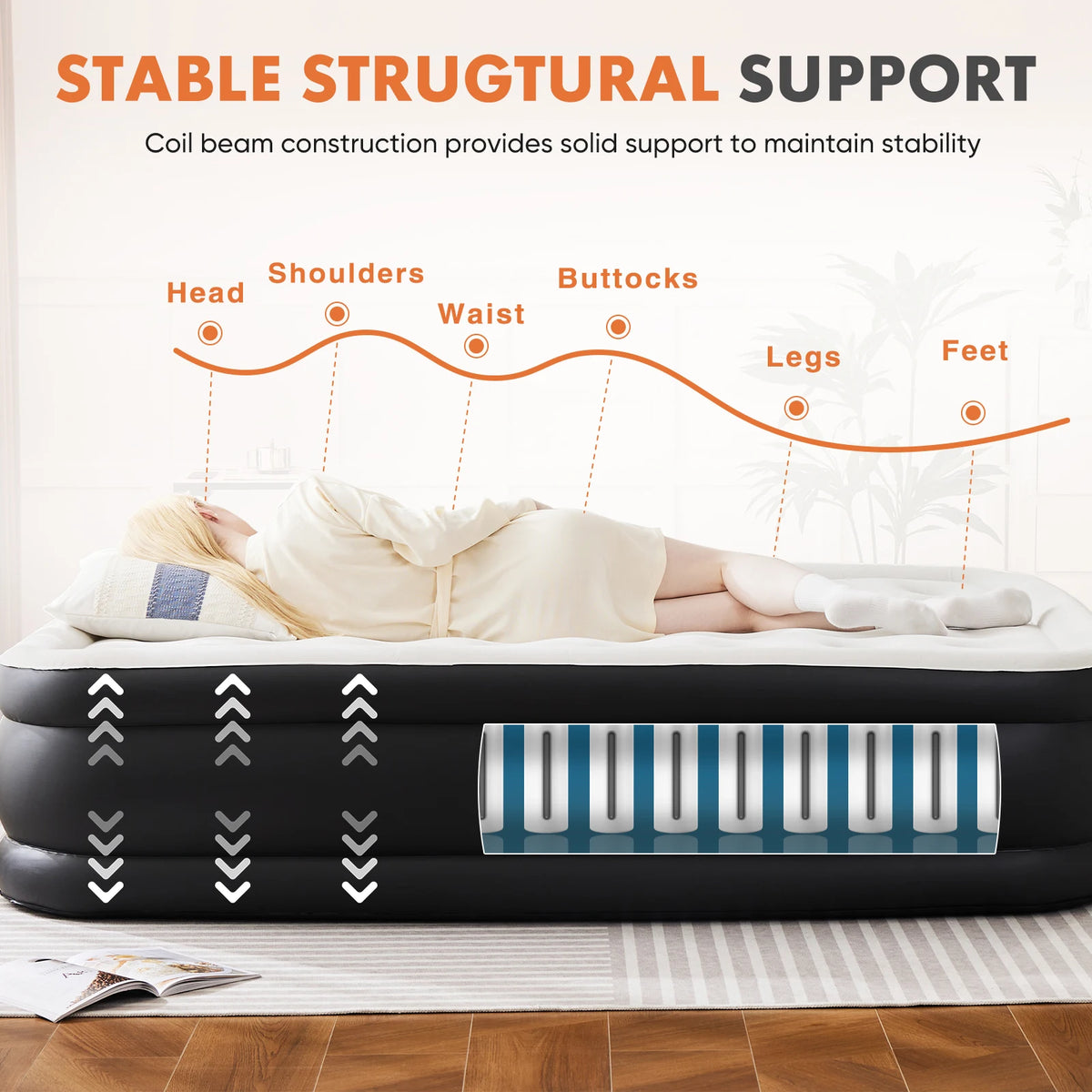 JHK Air Mattress Double Height Non Slip Bottom 660 Lbs