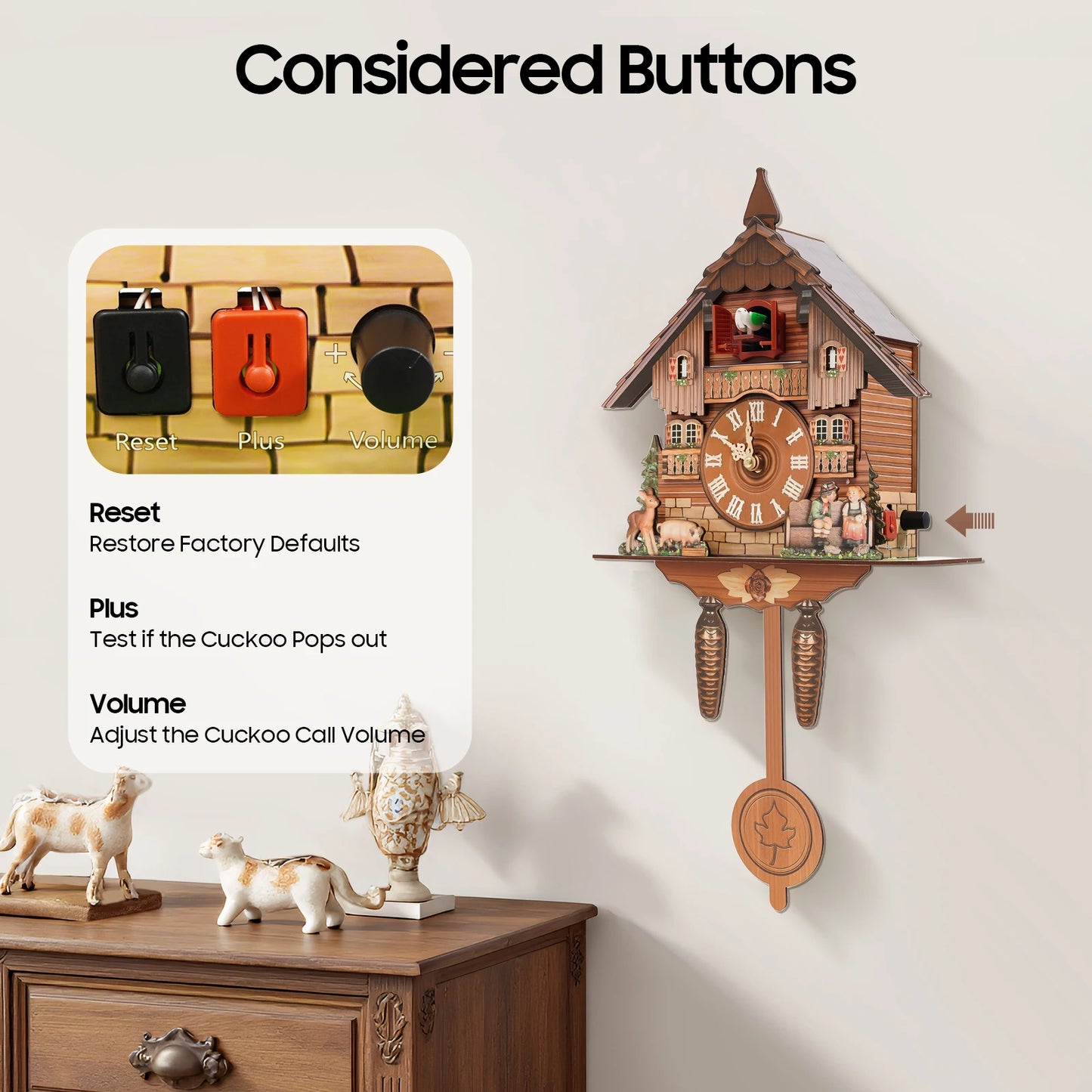 MDF Wall Mount Cuckoo Clock With 7:00 21:00 Chime Display