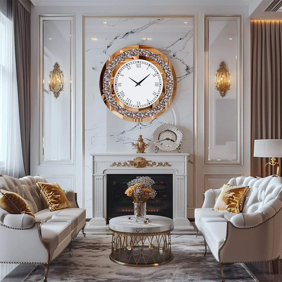 Round Crystal Mirrored Wall Clock Living Room Decor