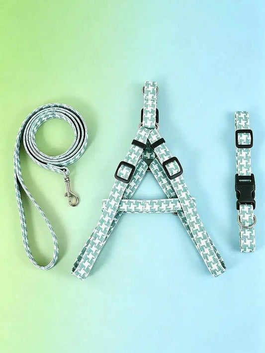 Houndstooth Polyester Dog Collar Harness And Leash Set