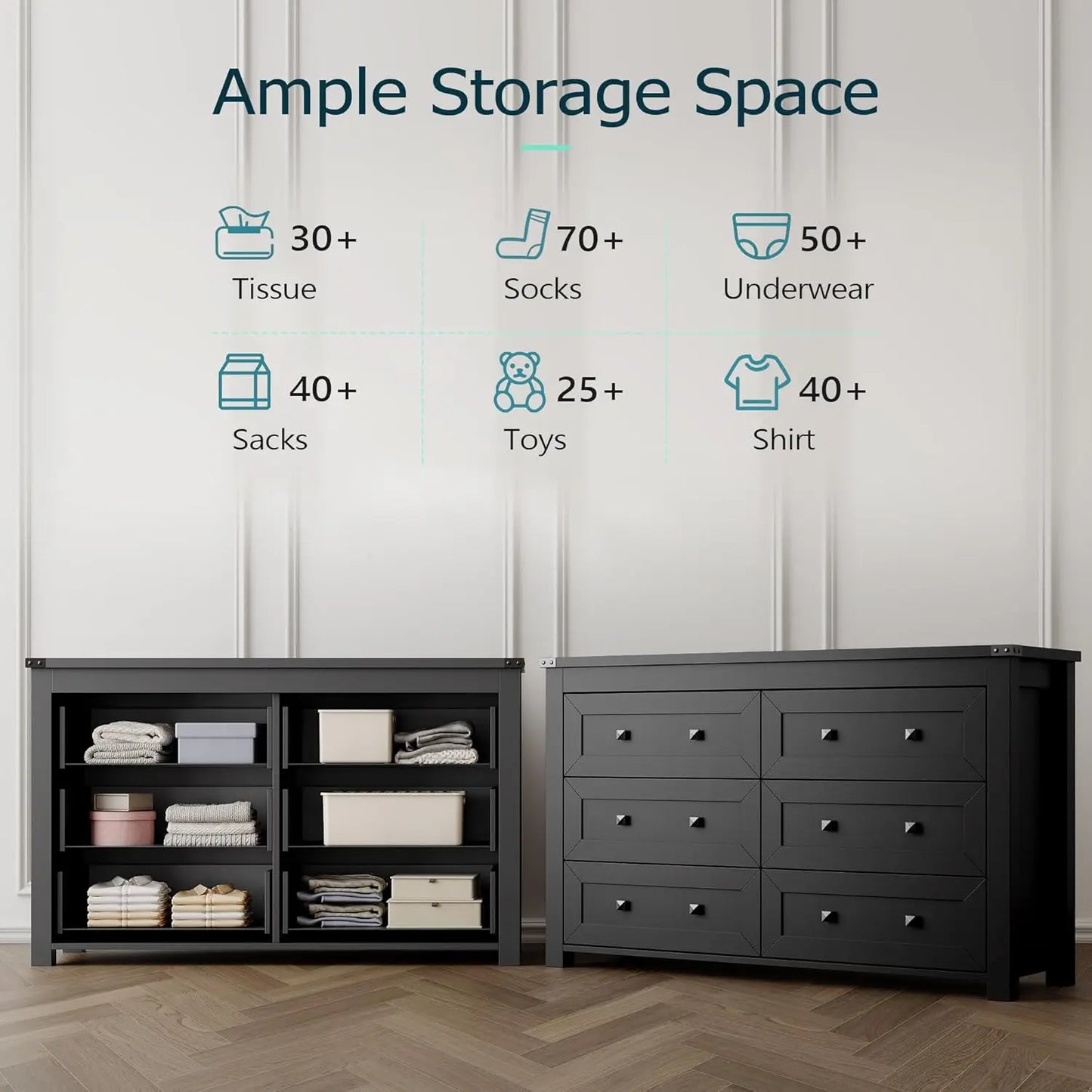 Farmhouse 6 Drawer Dresser With TV Stand Storage