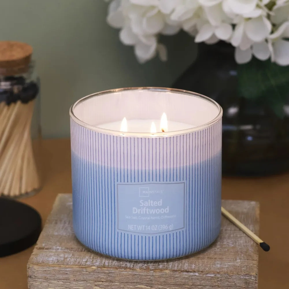 Large 14oz Scented Candle Triple Wick Textured Jar with Salted Driftwood Ocean Aroma for Home Decor Relaxation