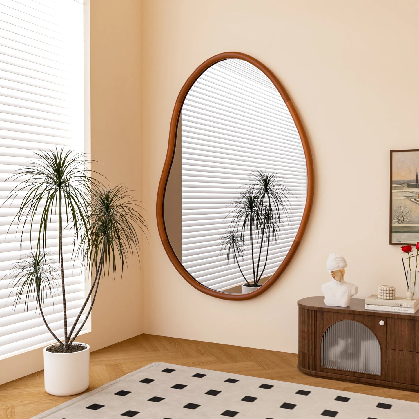 Mid Century Asymmetrical Wood Frame Wall Mirror
