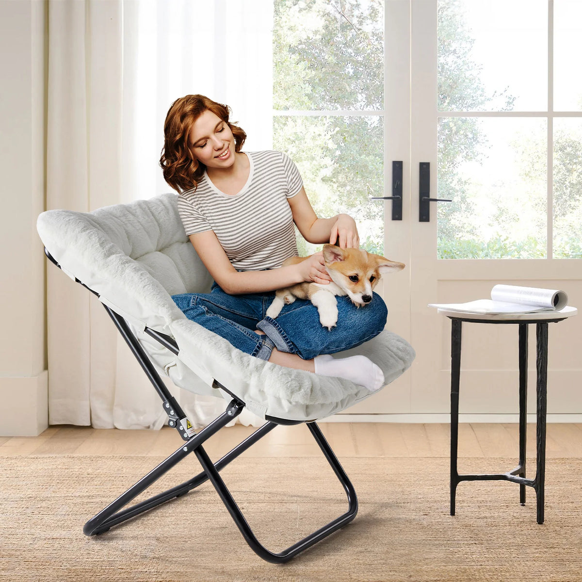 JHK Cozy Saucer Chair Soft Faux Fur Folding Lounge Chair