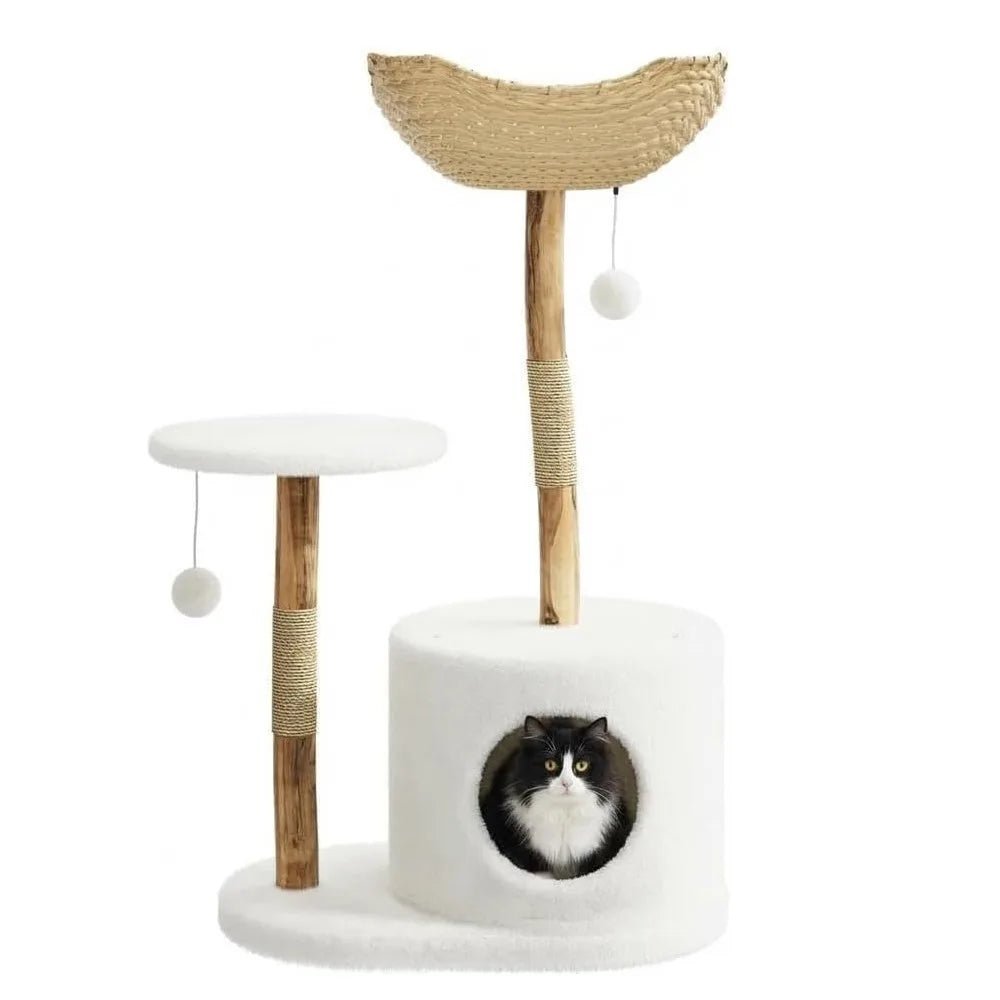 Multi Level Wooden Cat Tree With Rattan And Perches