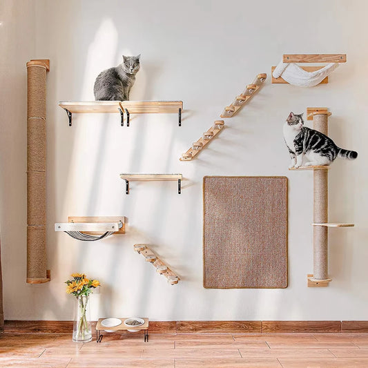 Wall Mounted Wooden Cat Climbing Shelf With Sisal Post