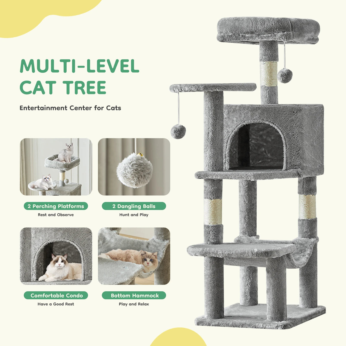 JHK 44 Inch Cat Tree Four Level Multi Cat Climbing Tower For Indoor Cats Natural Sisal Scratching Posts