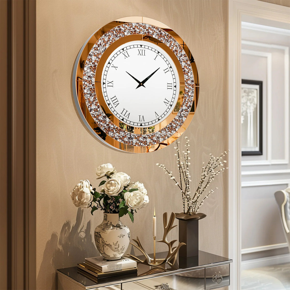 Round Crystal Mirrored Wall Clock Living Room Decor