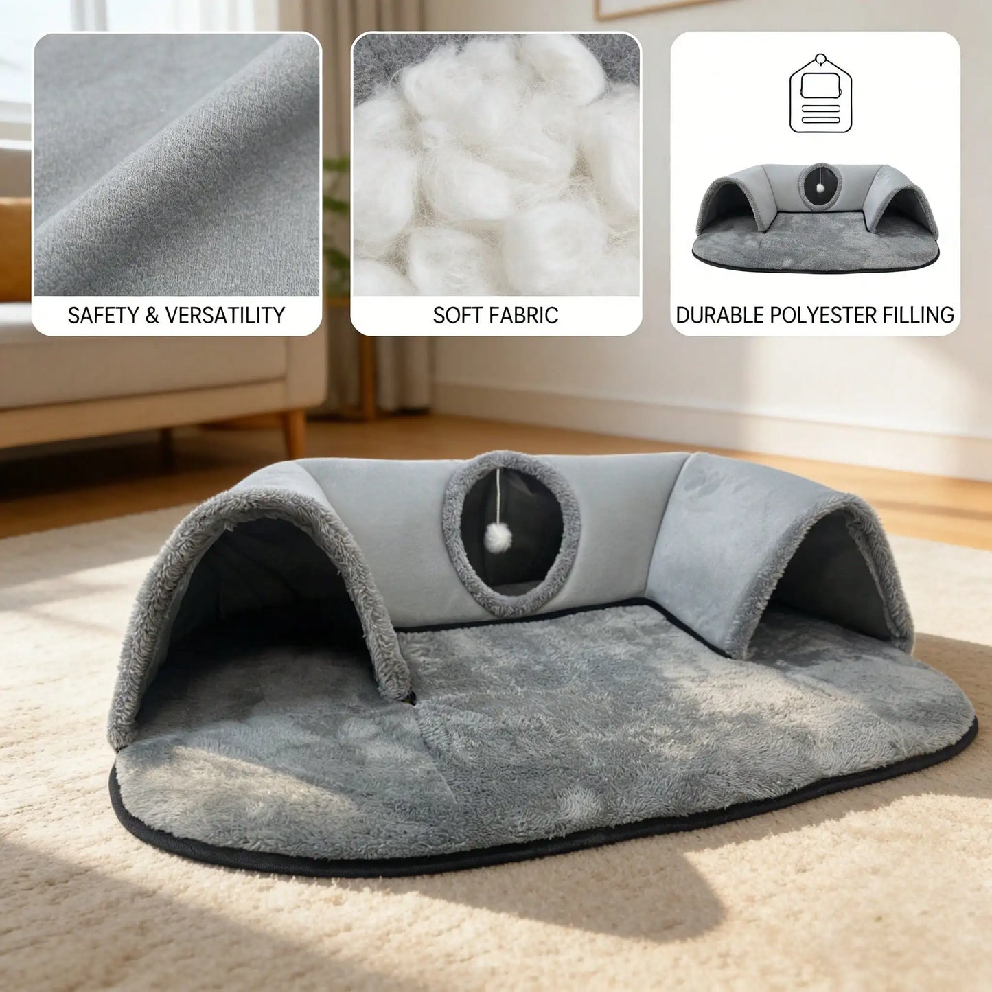 Interactive Cat Tunnel Bed With Soft Plush Cave