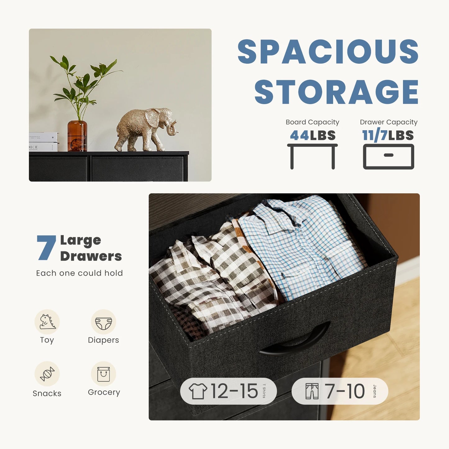 JHK Modern Metal Frame Dresser 7 Fabric Drawers Chest