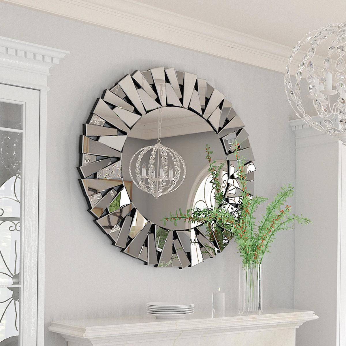Sunburst Round Wall Mirror, Silver Beveled Glass, Modern