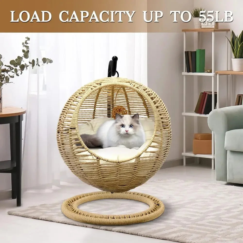 Rattan Cat Swing Bed With Removable Cushion And Toy