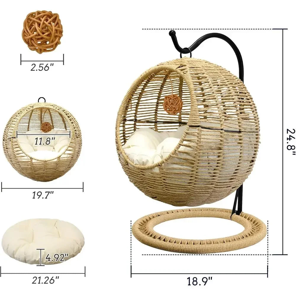 Rattan Cat Swing Bed With Removable Cushion And Toy