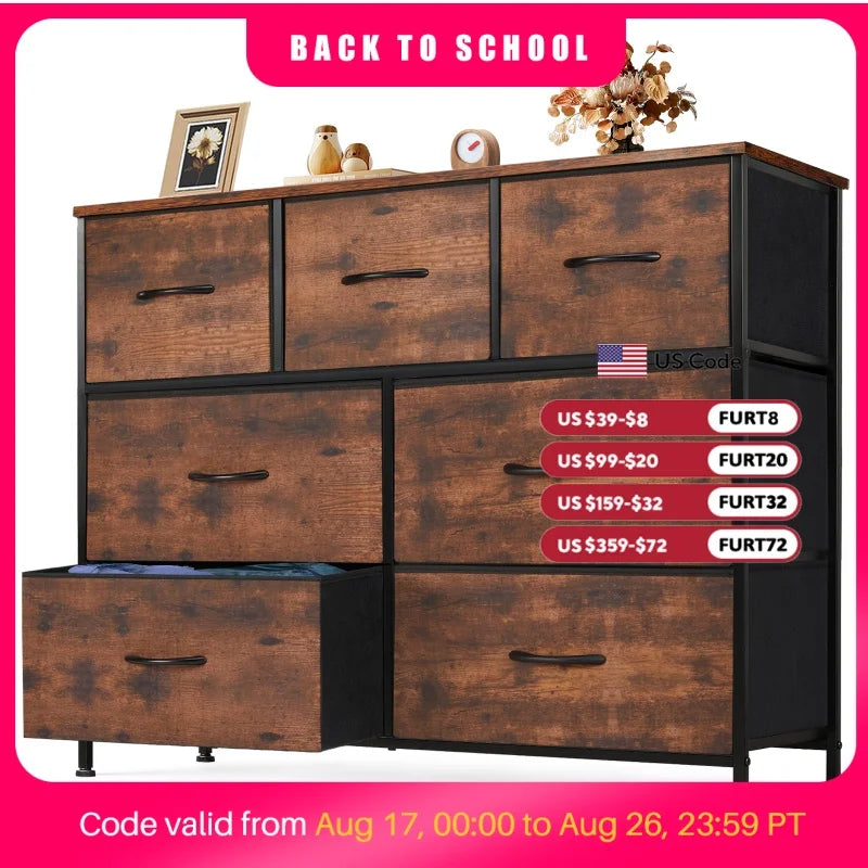 JHK Modern Metal Frame Dresser 7 Fabric Drawers Chest