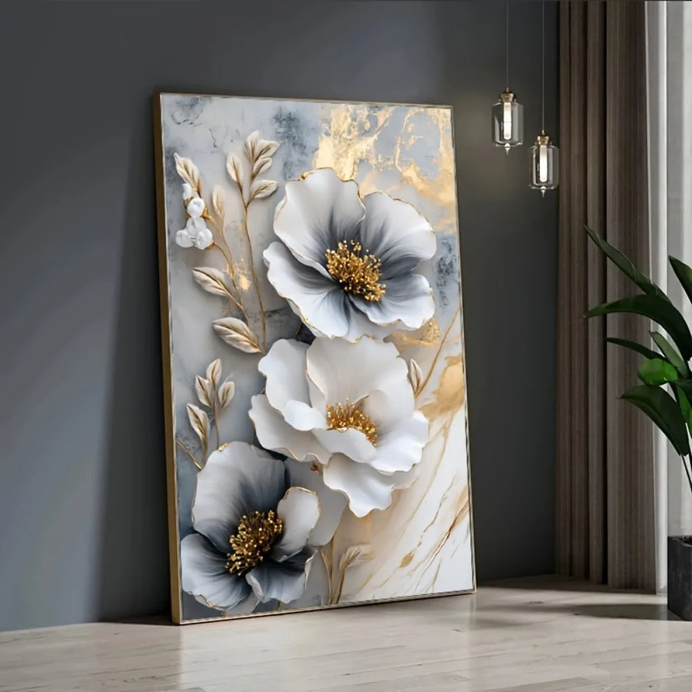 Modern Luxury Floral Canvas Mural With Framed 3D Artwork