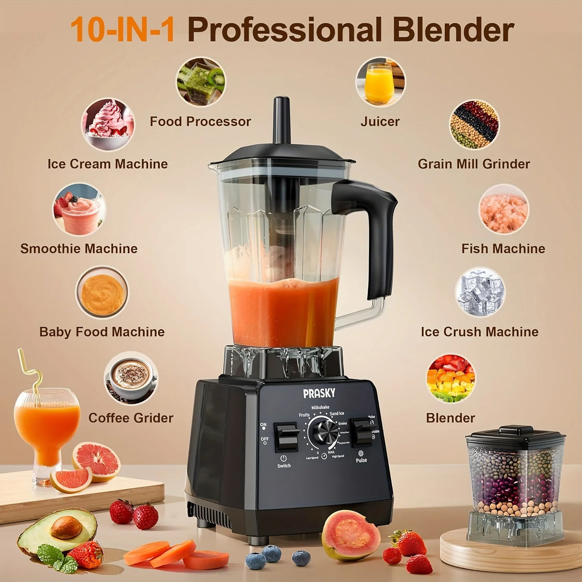 Prasky 2400W Blender And Grinder Combo Two Containers