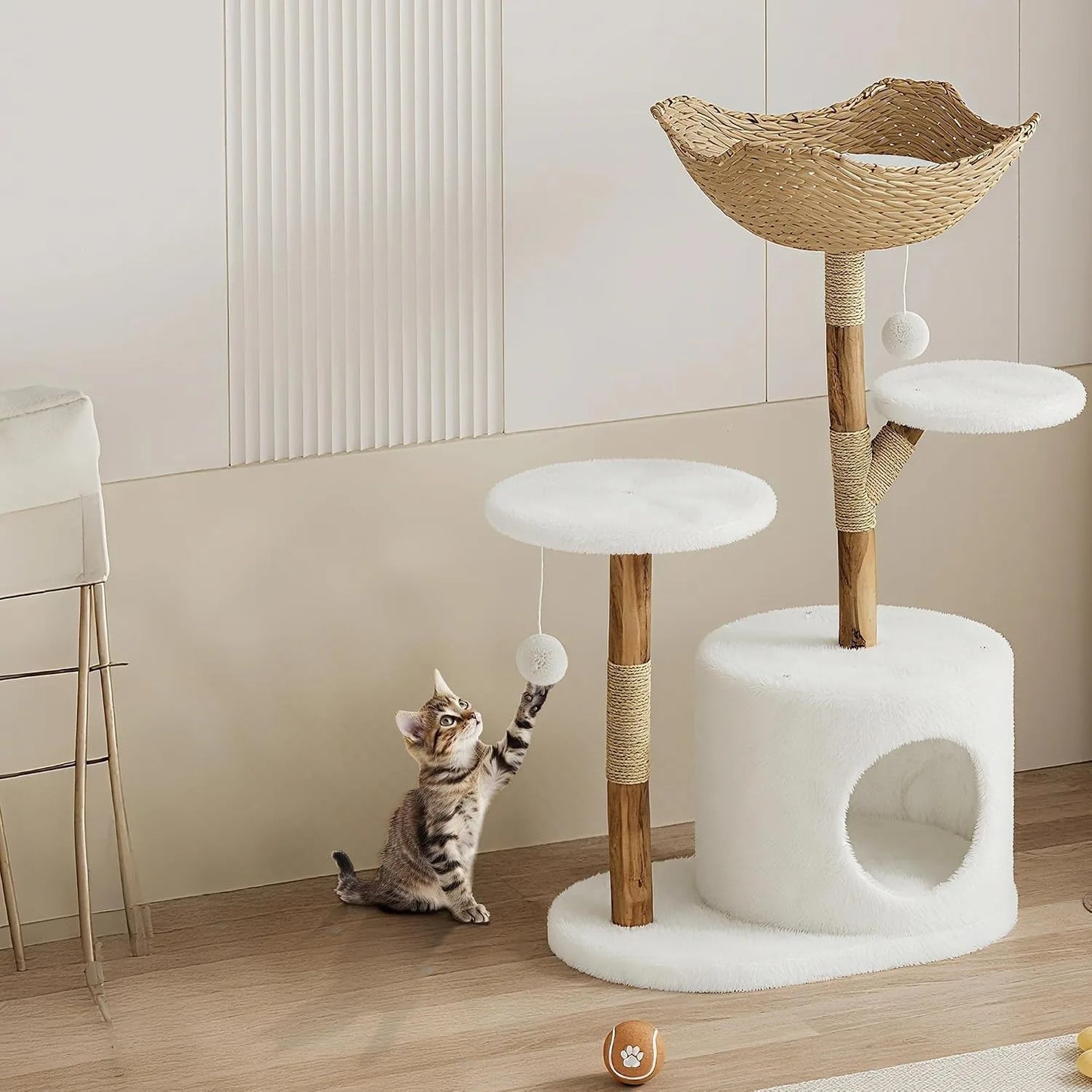 Multi Level Wooden Cat Tree With Rattan And Perches