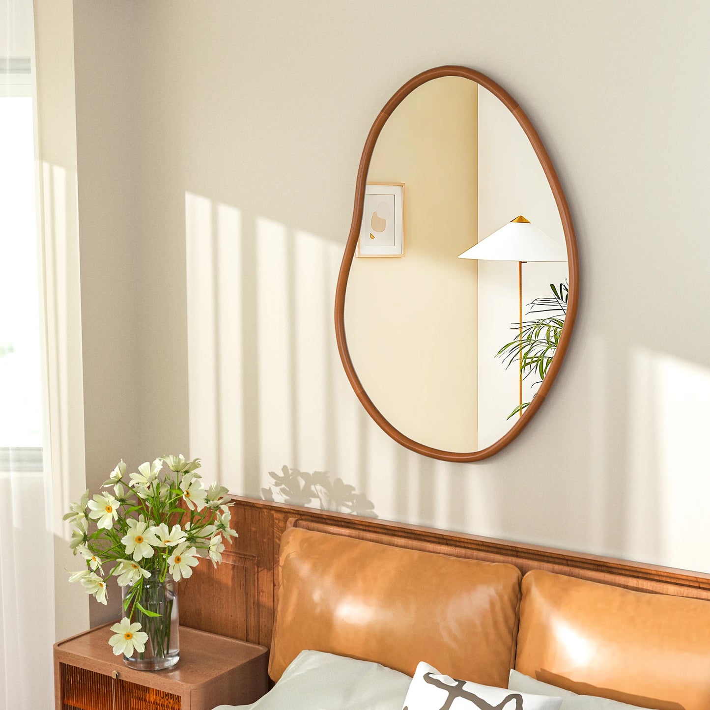 Mid Century Asymmetrical Wood Frame Wall Mirror