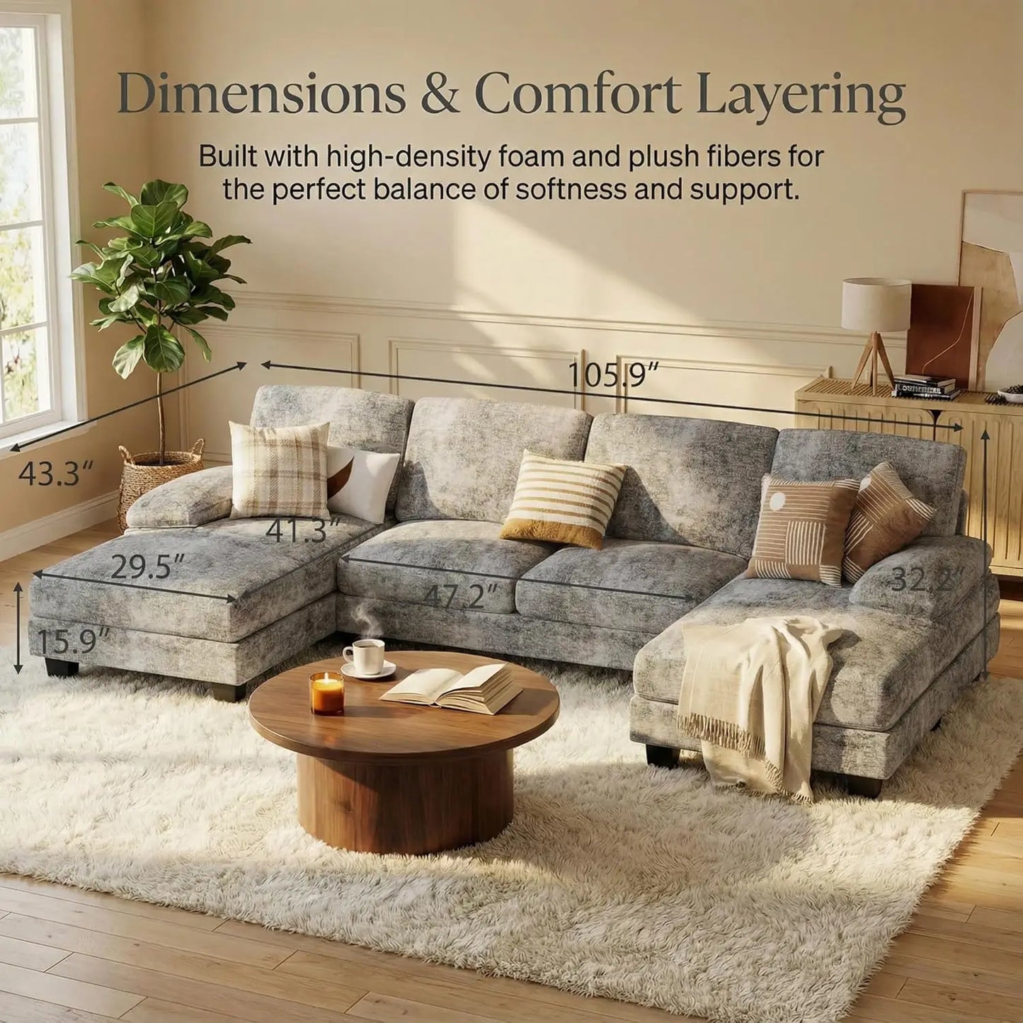 U Shaped Sectional Sofa Chenille Four Seat Cushions