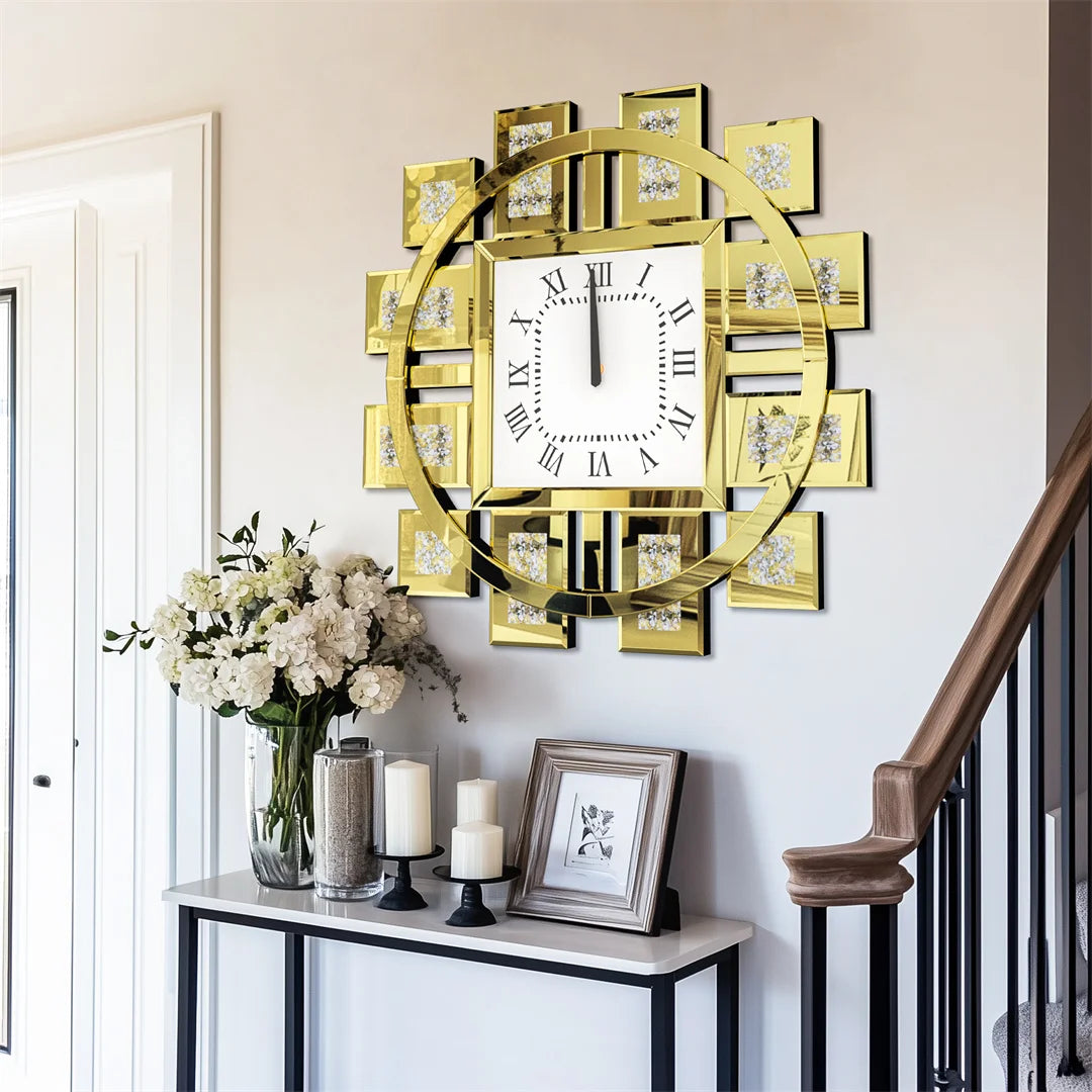 Decorative Wall Clock With Crystal Inlay Battery Operated