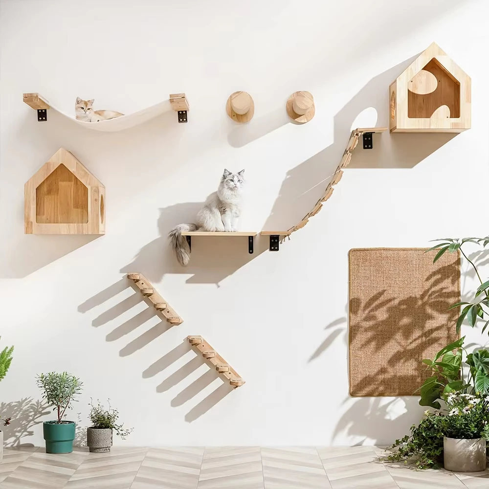 Wall Mounted Wooden Cat Climbing Shelf With Sisal Post