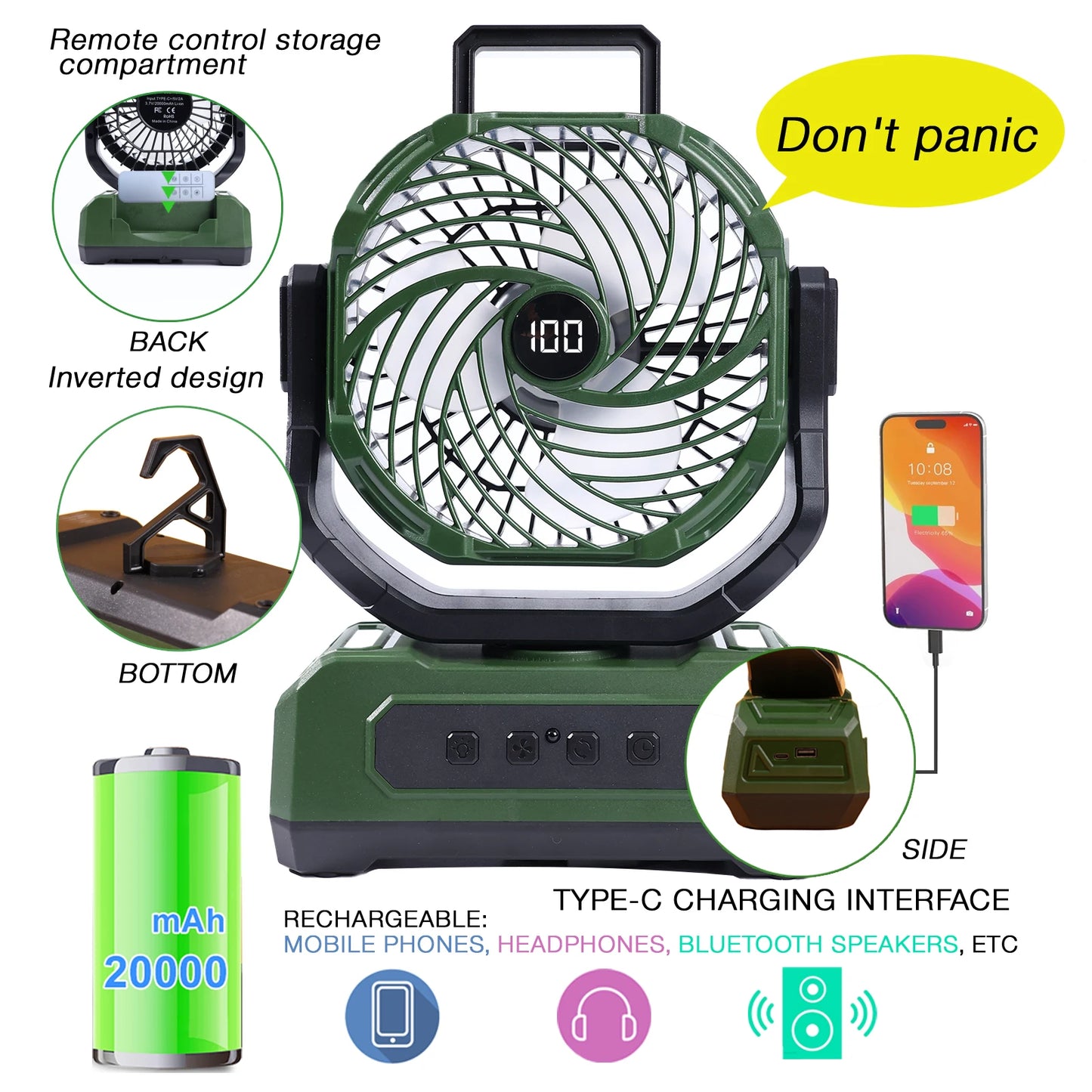 Portable Camping Fan With RGB Lantern And 30000mAh Battery
