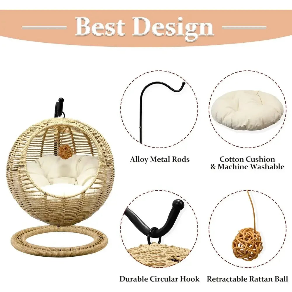 Rattan Cat Swing Bed With Removable Cushion And Toy