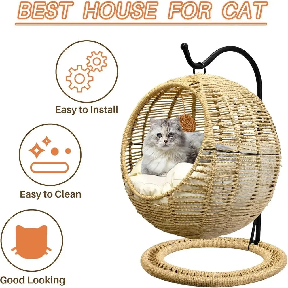 Rattan Cat Swing Bed With Removable Cushion And Toy