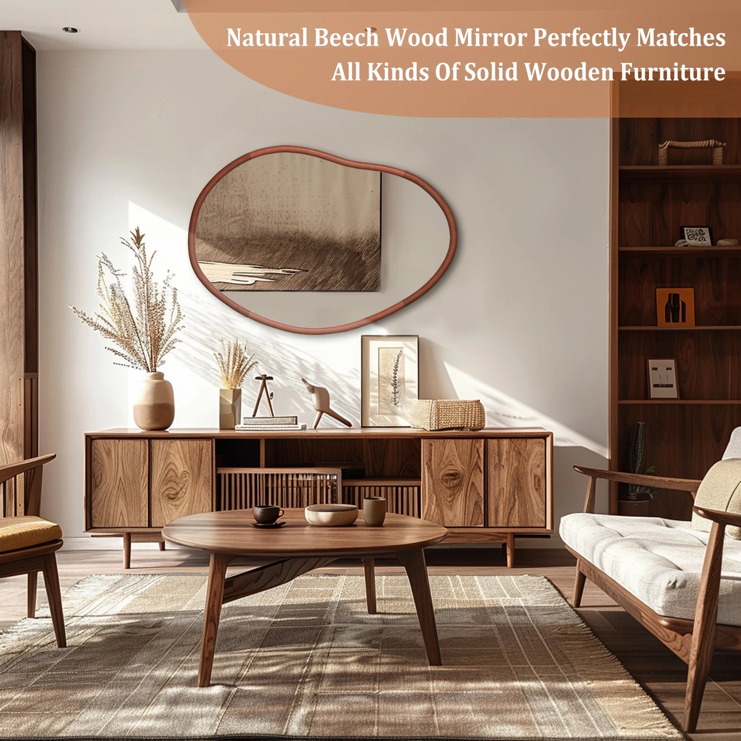 Mid Century Asymmetrical Wood Frame Wall Mirror