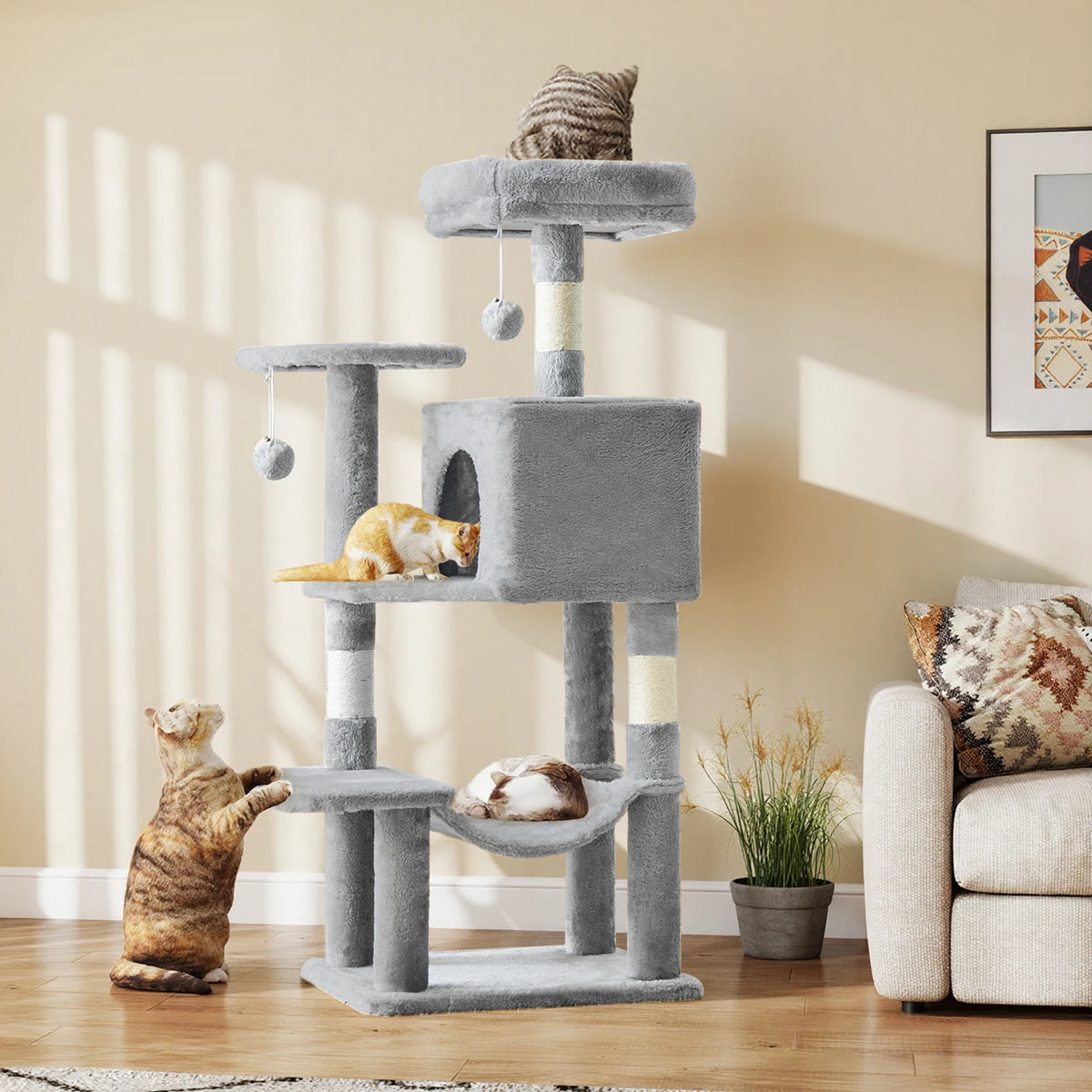 JHK 44 Inch Cat Tree Four Level Multi Cat Climbing Tower For Indoor Cats Natural Sisal Scratching Posts