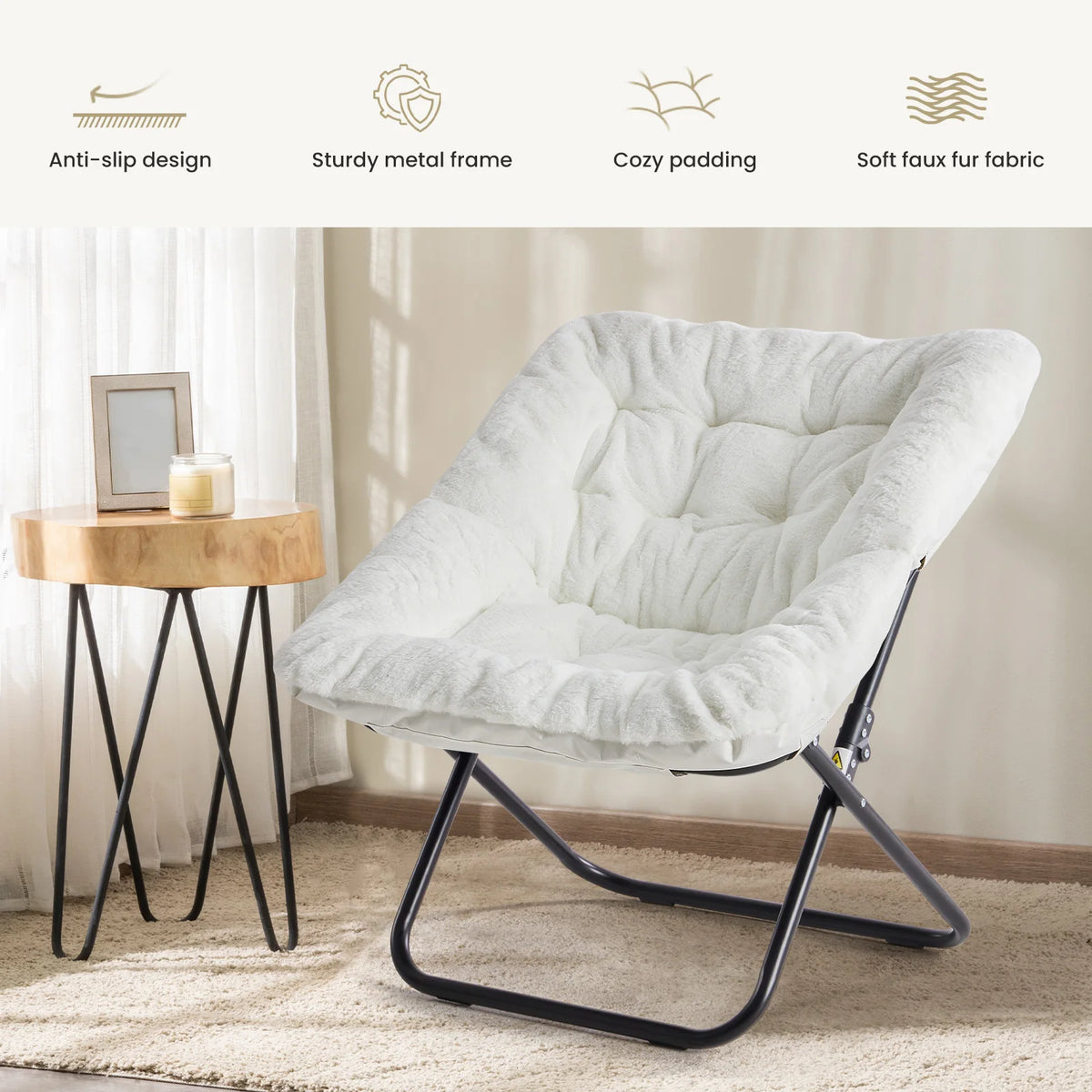 JHK Cozy Saucer Chair Soft Faux Fur Folding Lounge Chair