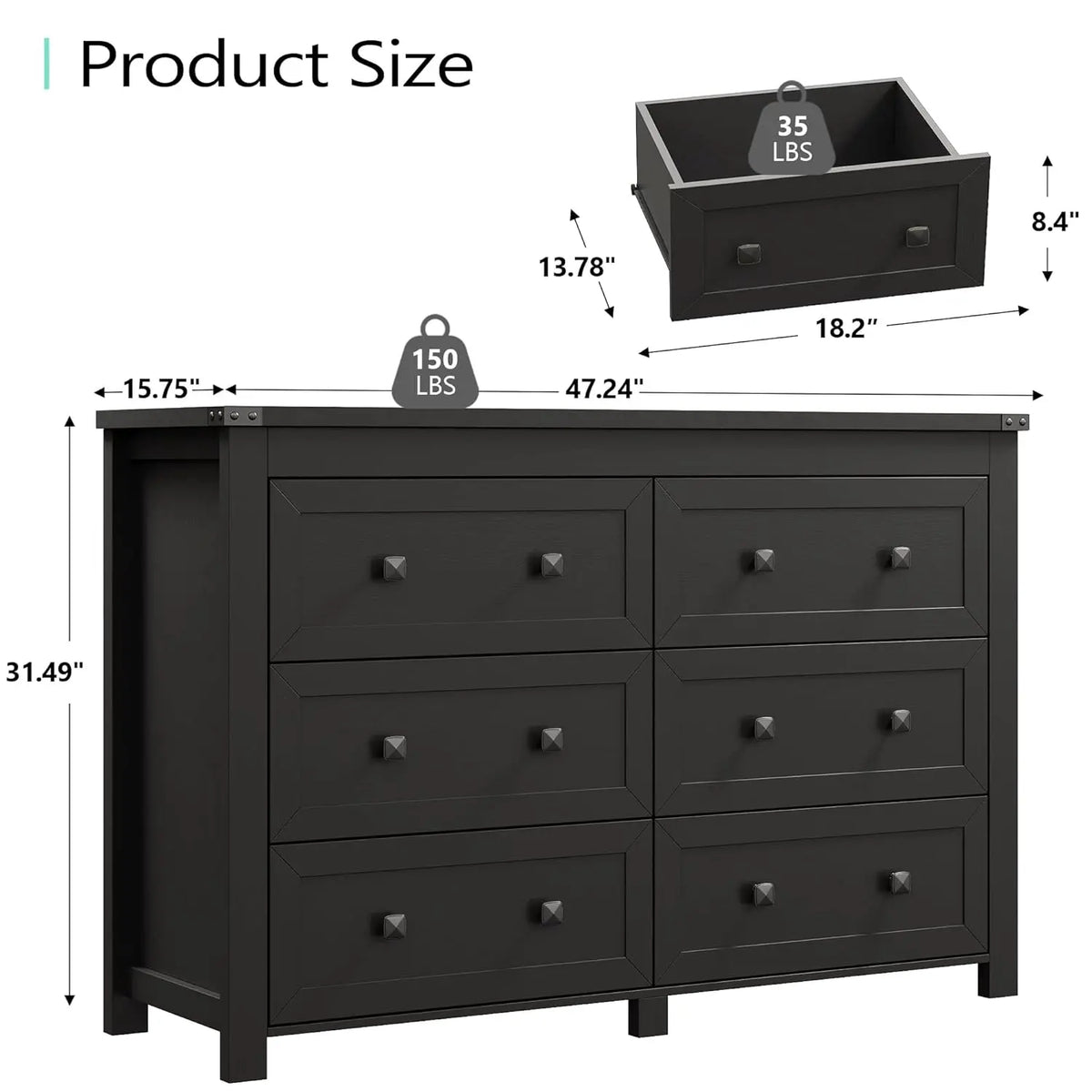 Farmhouse 6 Drawer Dresser With TV Stand Storage
